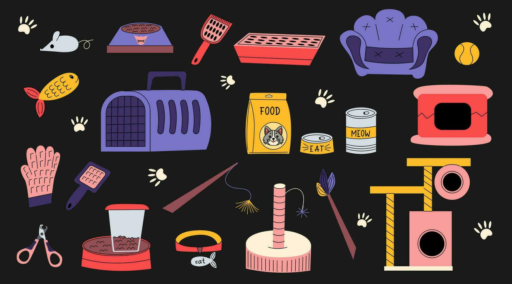 Cartoon flat stickers, accessories and equipment for cats. Food, toys, combs, collar, fish, mouse, bowls, bed. Concept for a pet shop. Hand-drawn colorful icons. vector