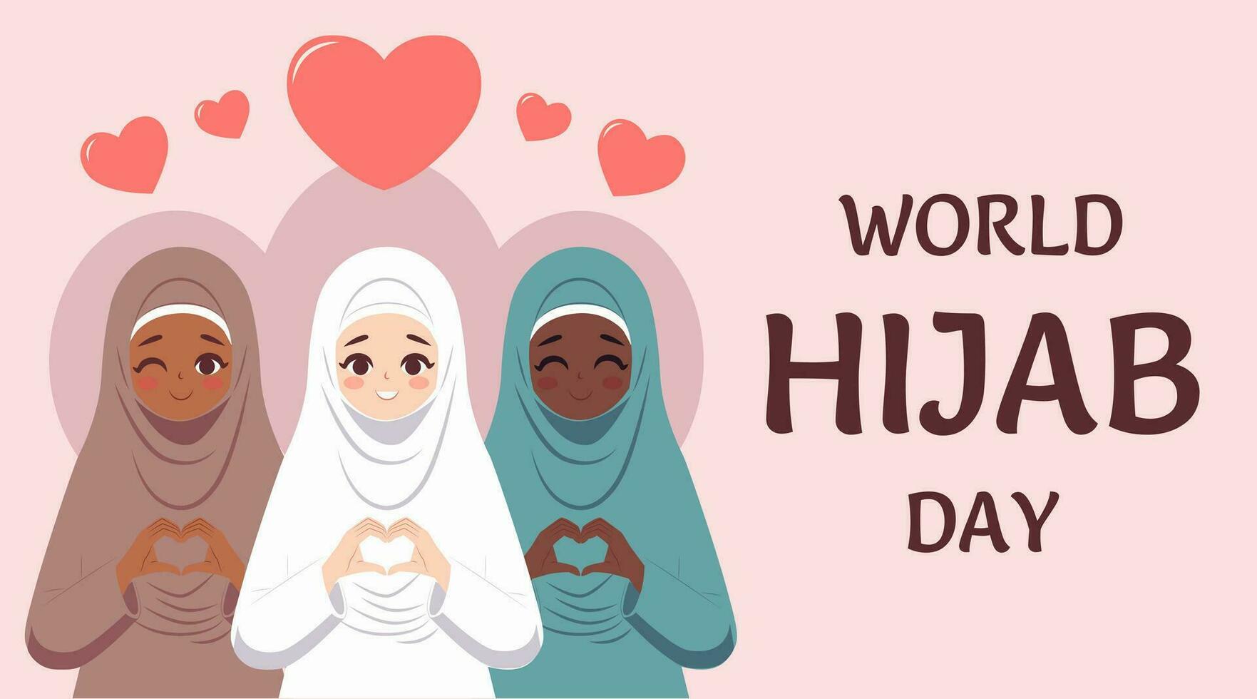 mundo hijab día. mujer en islámico religioso ropa conformado corazón con ambos manos expresiones plano diseño, póster. vector