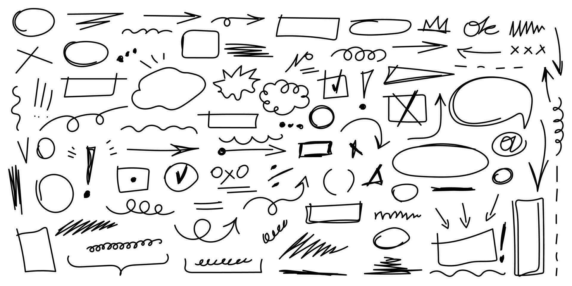 Vector graphic highlight of brush pen.Set of cute doodle underline for notes.Hand drawn abstract collection of highlight, brush and elements.Vector illustration.Vector brush underline for note