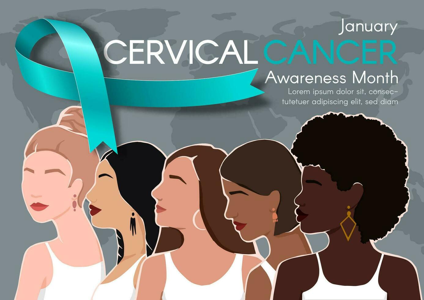 horizontal bandera para cervical cáncer conciencia mes. diverso mujer, texto, y un verde azulado cinta. moderno plano vector ilustración