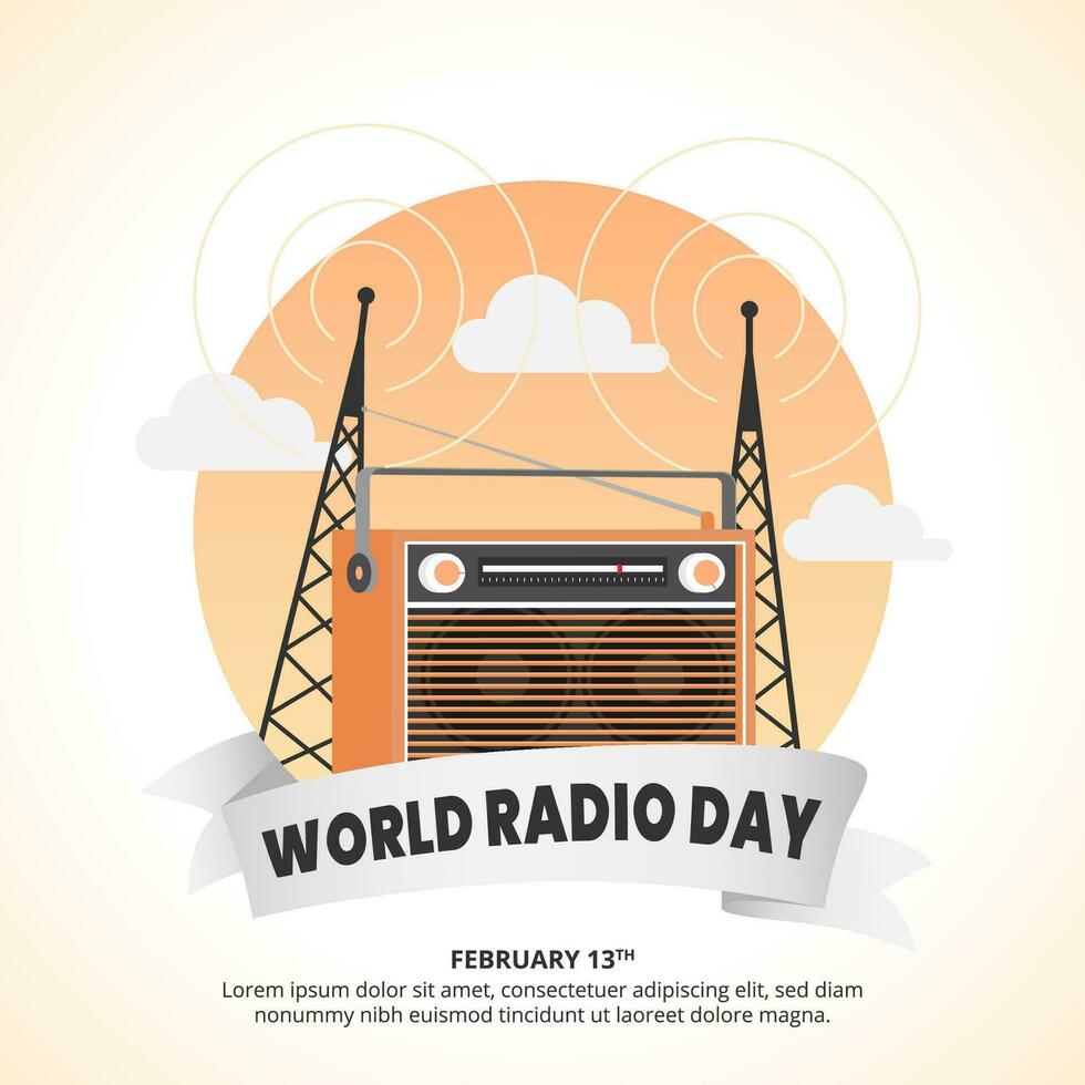 Square World Radio Day background with a radio and transmitters vector