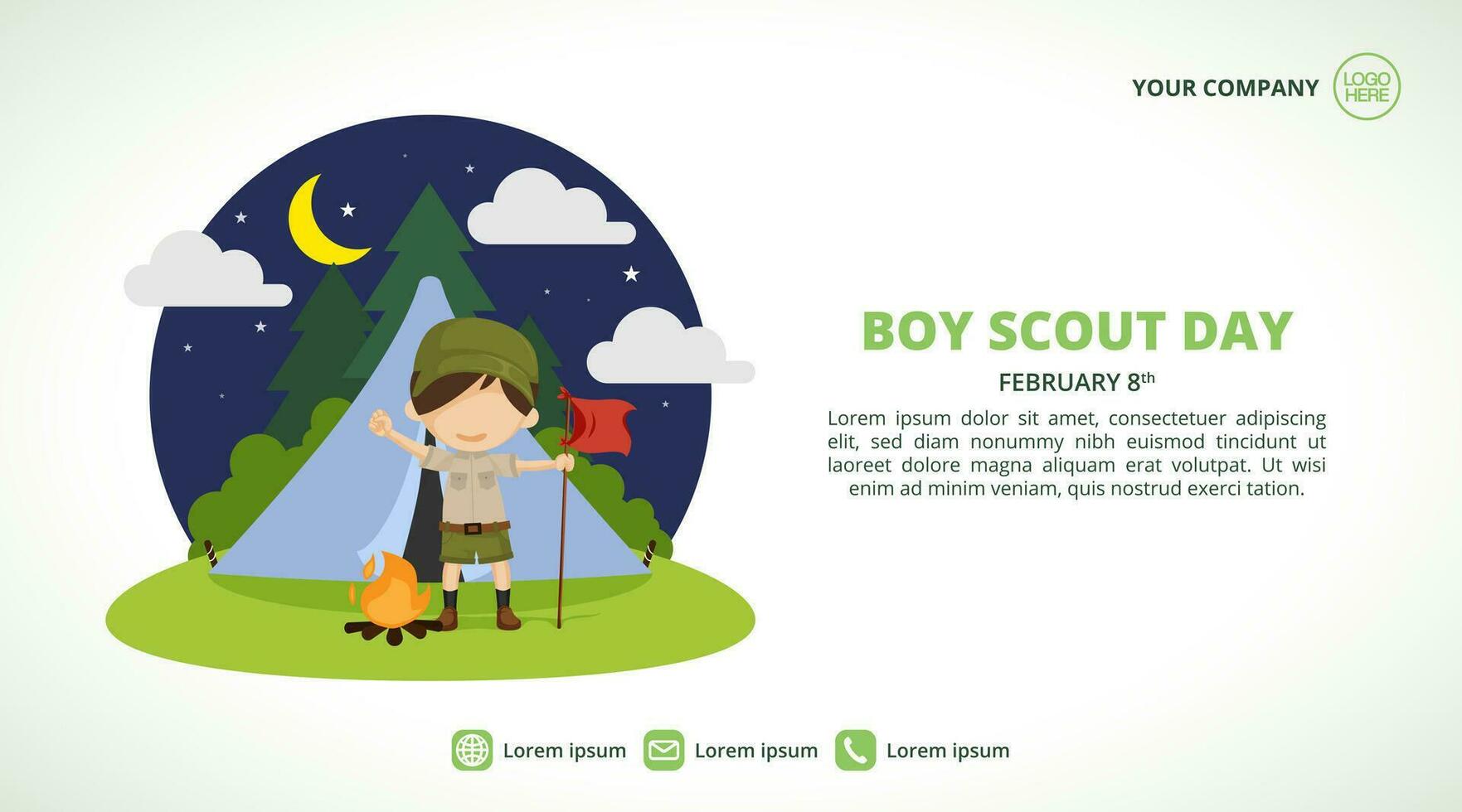 Boy Scout Day background with a scout doing camping in the jungle vector