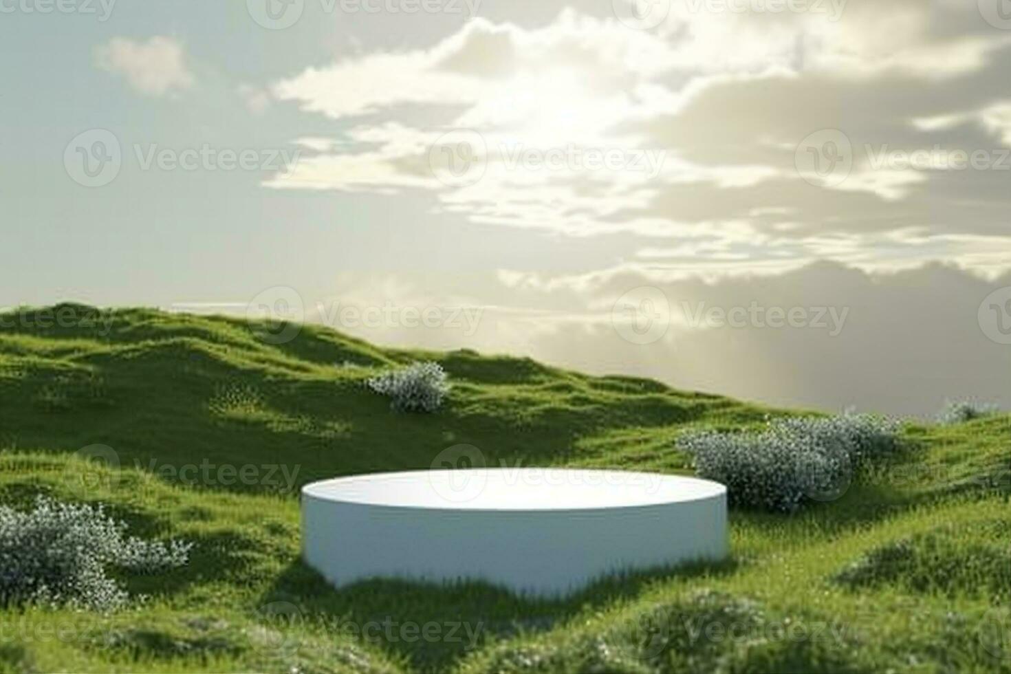 AI generated Abstract 3d render platform natural background, White podium on the grass field backdrop cloud and sky for product stand display advertising, cosmetic or etc. generative ai. photo