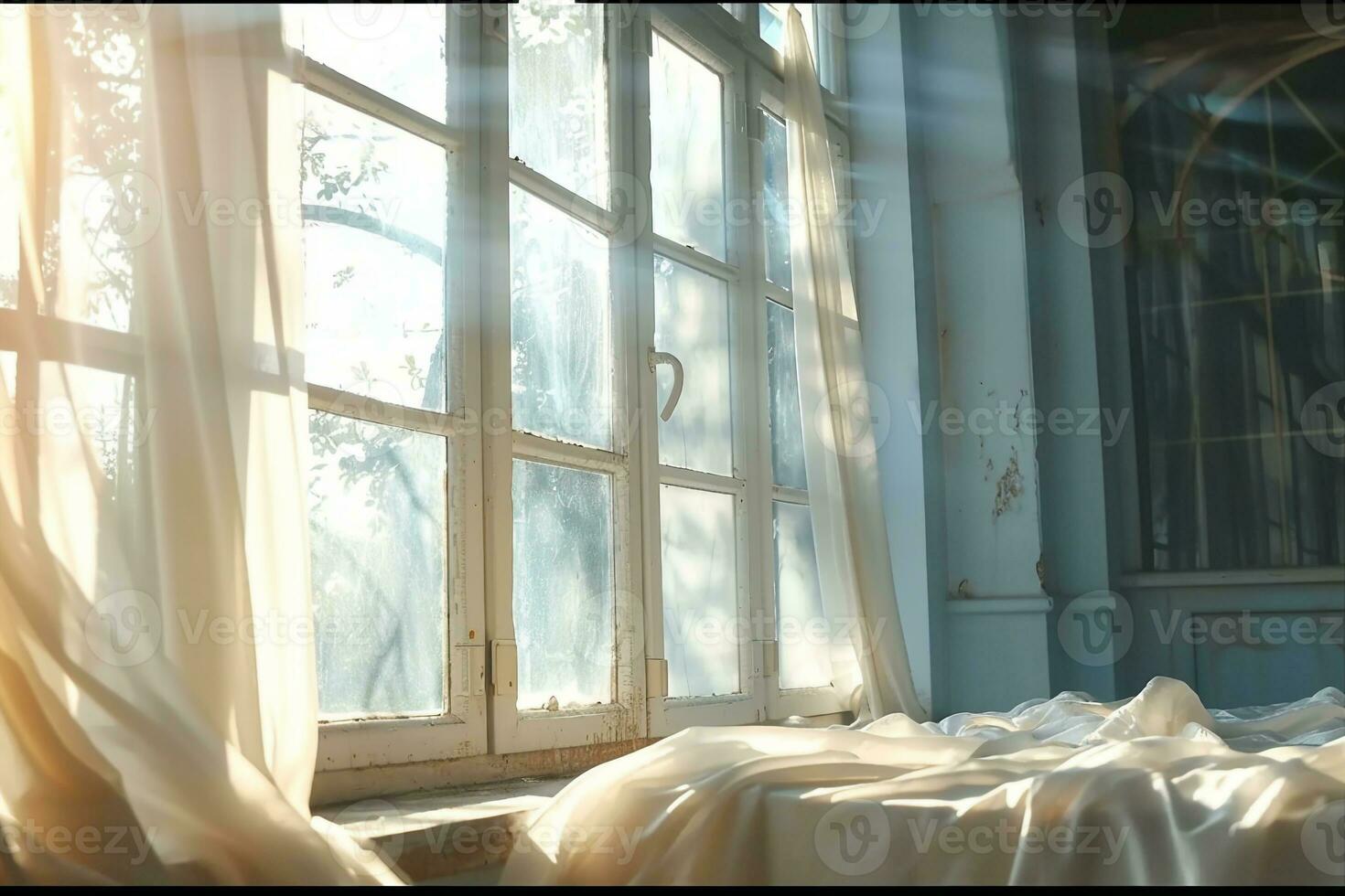AI generated wind blows through the open window in the room. Waving white tulle near the window. Morning sun lighting the room, shadow background overlays. generative ai. photo