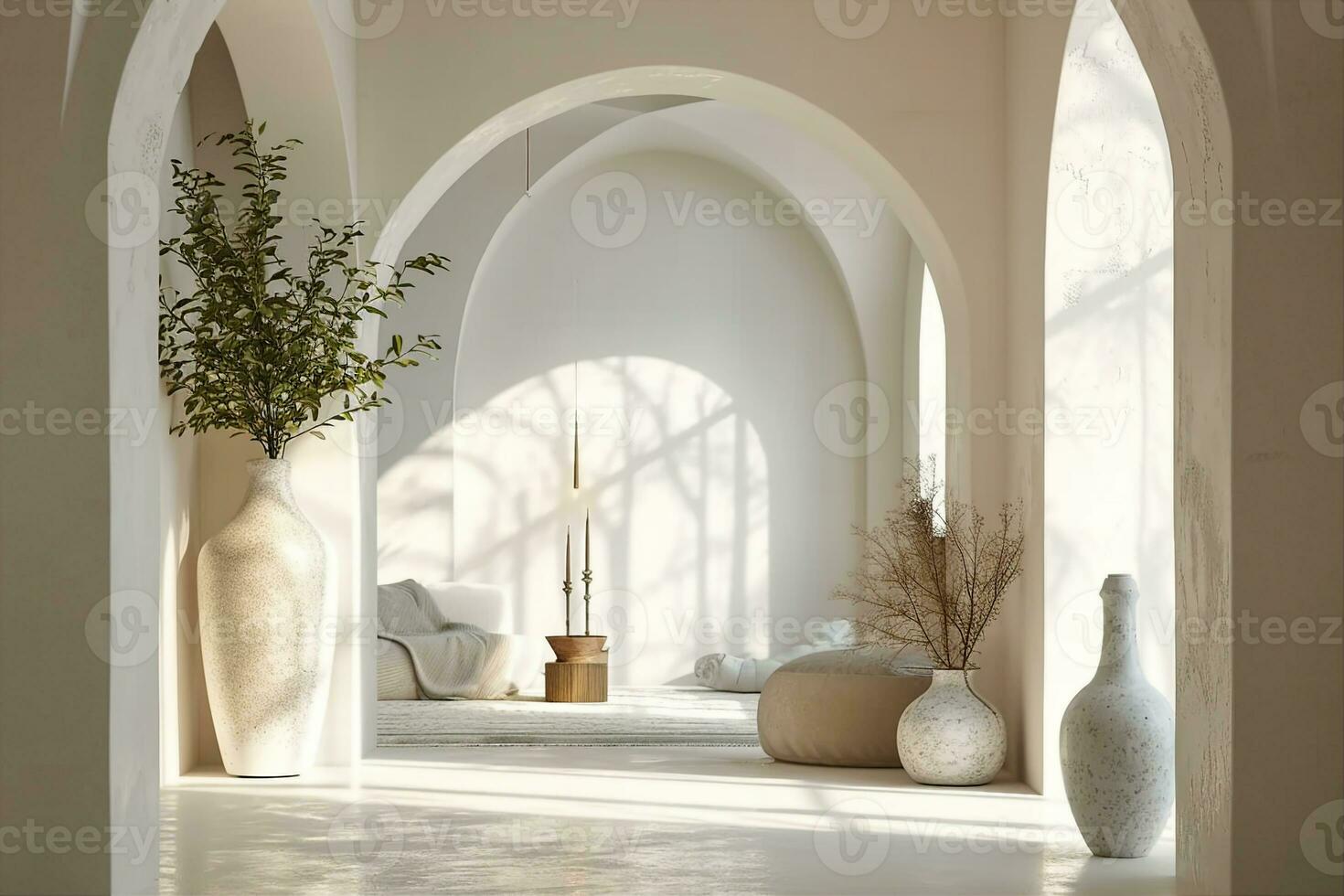 AI generated Modern bright minimalist interior blank wall in living room, arches, dry plants in vases. 3d render illustration mock up. generative ai photo