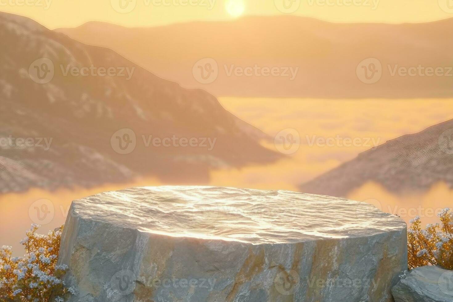 AI generated Stone podium table top with outdoor mountains golden color scene nature landscape at sunrise blur background.Natural beauty cosmetic or healthy product placement presentation. photo