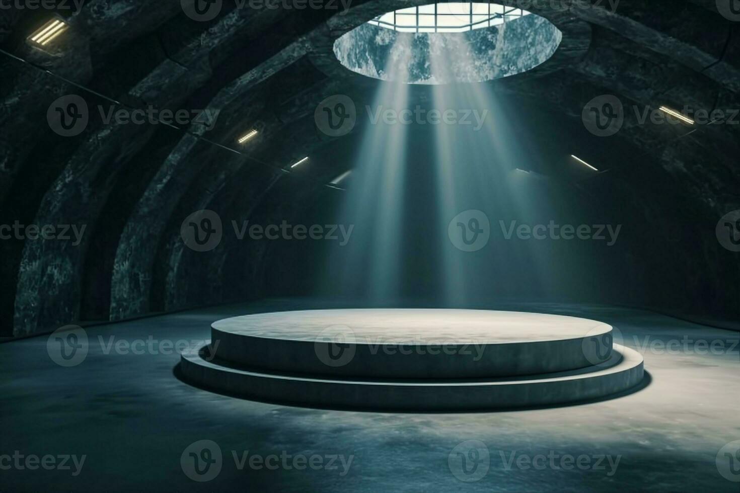 AI generated Perspective view dark smokey garage interior with spotlight and round pedestal on concrete floor, product presentation background and empty stage concept. 3D Rendering, mockup. photo