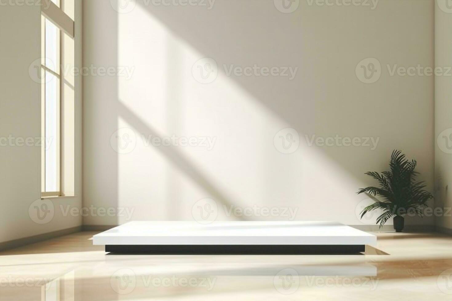 AI generated White square stage podium for product display, advertising, show, placed in room interior at clean with window shadow and sunlight backdrop. Vector illustration. generative ai. photo