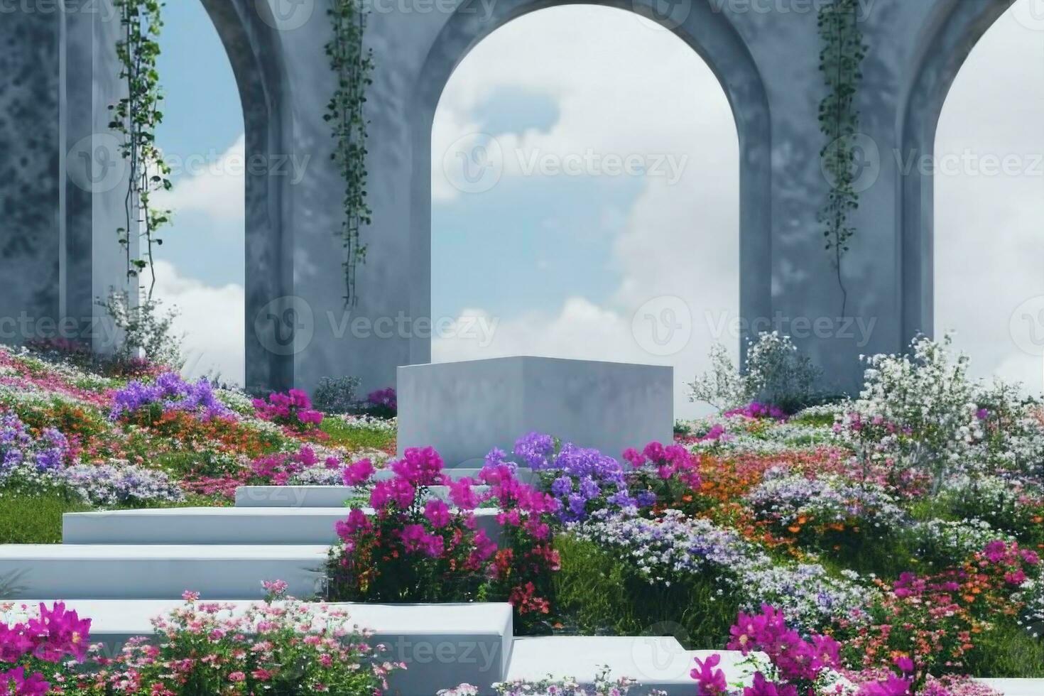AI generated Abstact 3d render spring scene and Natural podium background, White stone podium on the colorful flowers and grass field backdrop three arch doors for product display advertising. photo