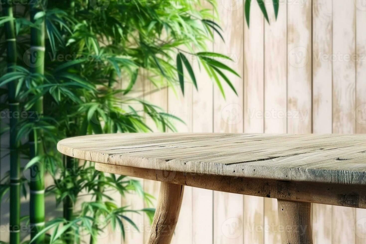 AI generated 3D render background for natural beauty health products overlay display template. Blank empty oak wood table with green bamboo plants, wooden wall. Podium, Stand. generative ai. photo