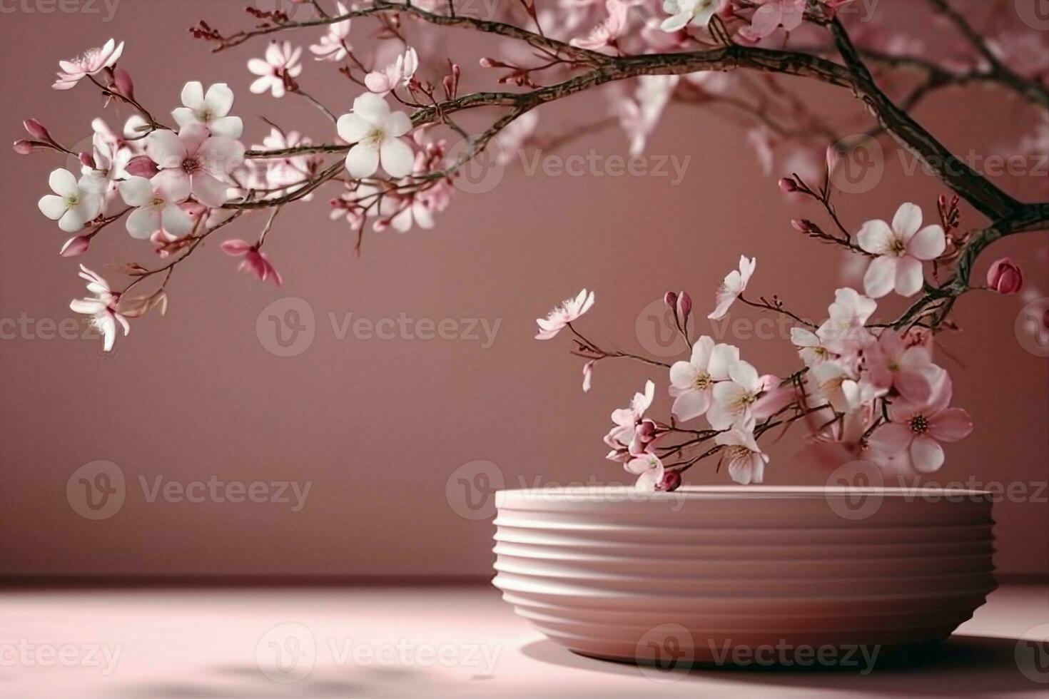 AI generated Minimal luxury podium in pink wall background with spring flowers. Concept display scene stage platform showcase, product, sale, banner, presentation, cosmetic. 3D render, social media. photo