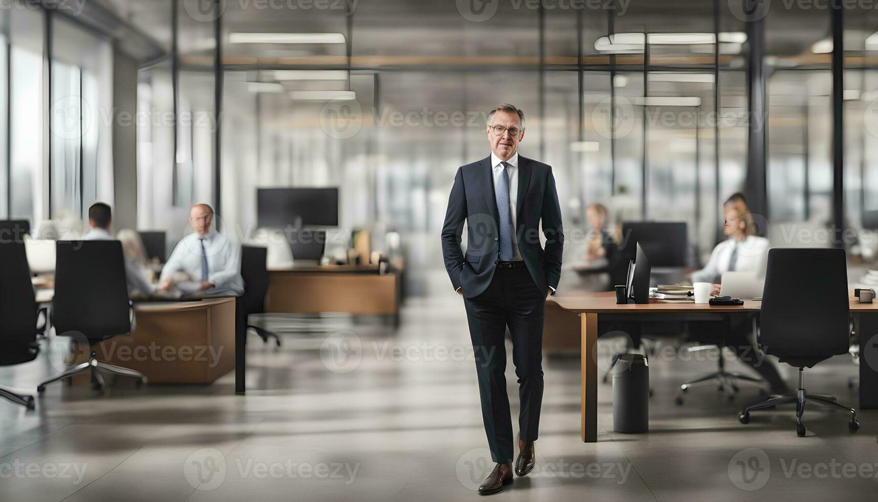 ai generado un hombre en un traje y Corbata en pie en un oficina foto