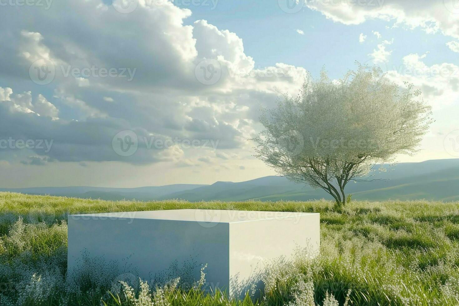 AI generated Abstract natural field scene with podium for product display and frosted glass background. 3d rendering. generative ai. photo