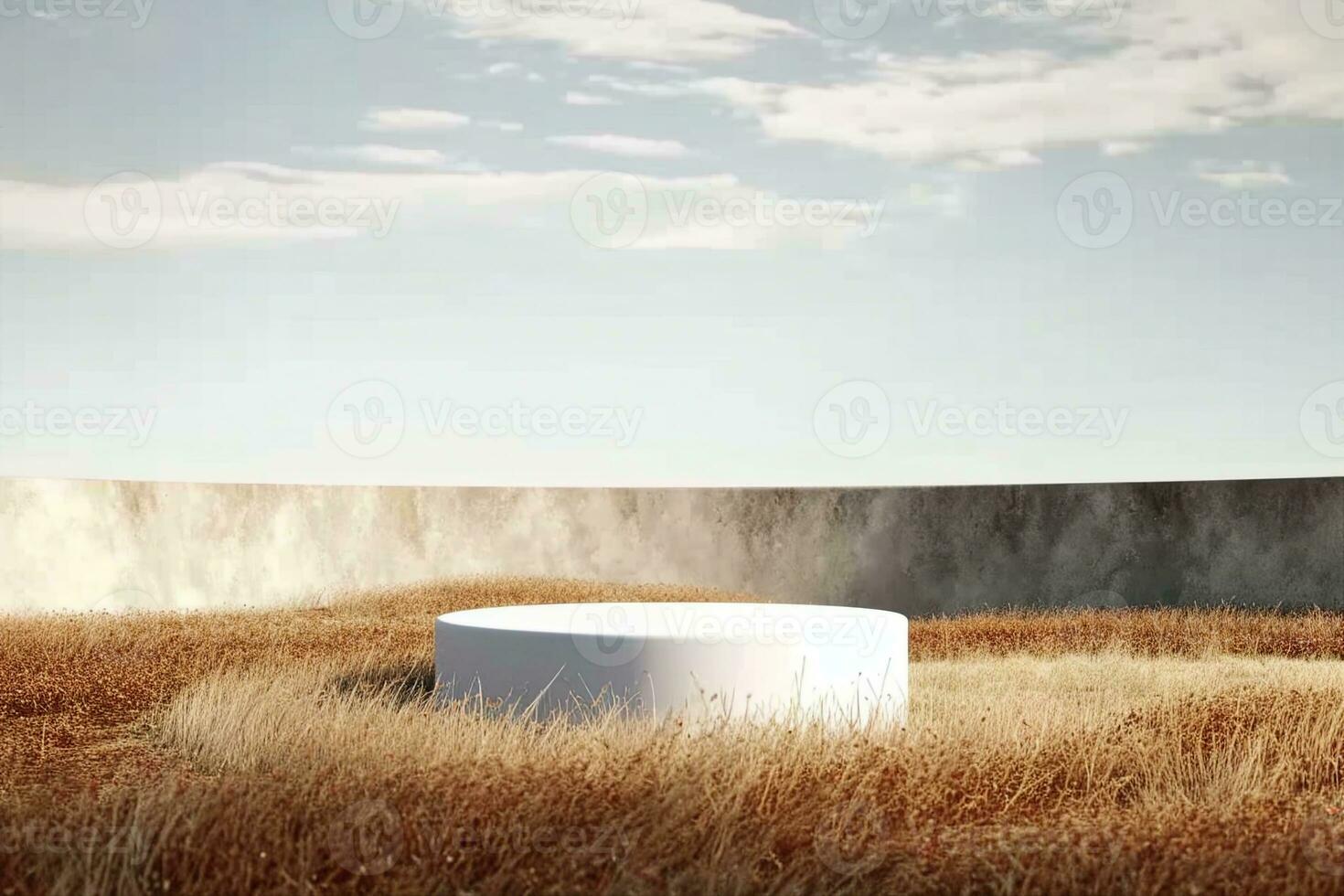 AI generated 3D podium background, stand on natural dry grass. Natural pedestal in pastel, beige colors. Minimal showcase advertising with arches, curved concrete walls. Field with autumn dry grass. photo