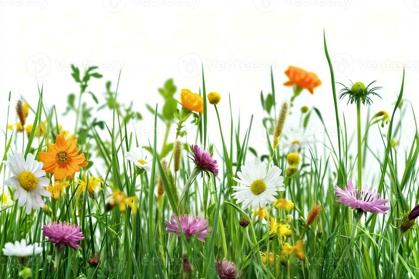 AI generated Grass and wild flowers border on white background. generative ai. photo