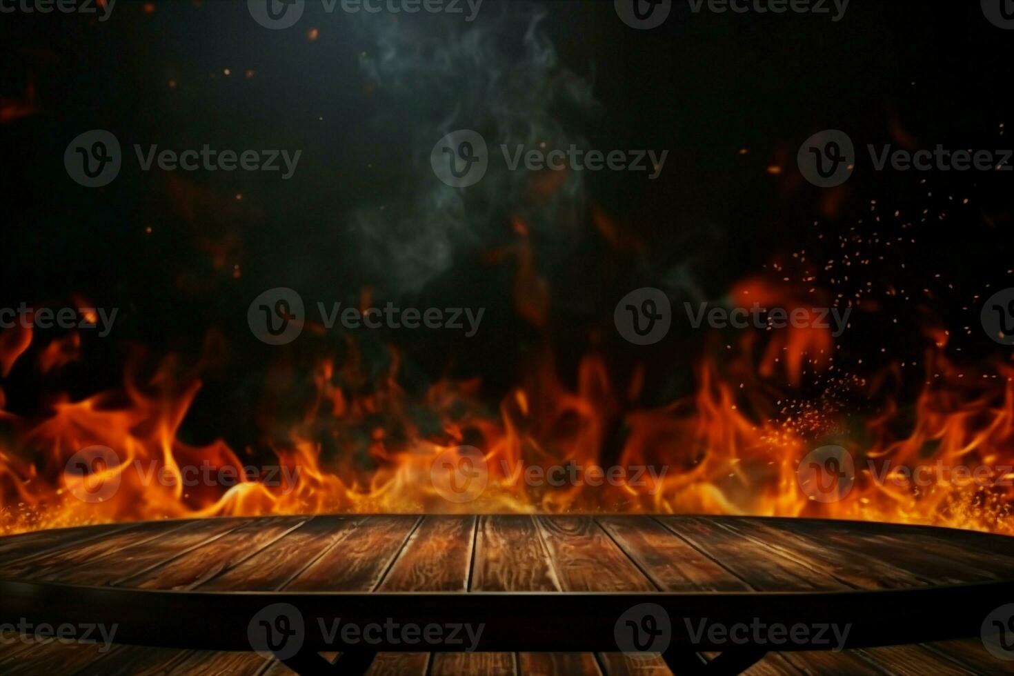 AI generated wooden table with Fire burning at the edge of the table, fire particles, sparks, and smoke in the air, with fire flames on a dark background to display products. generative ai. photo