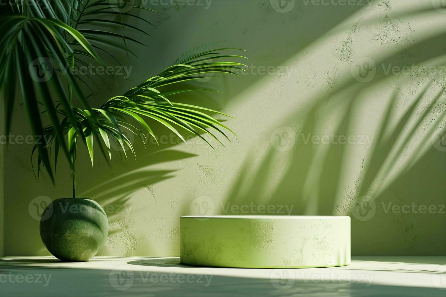 AI generated Minimal abstract podium green background for product presentation. Tropical leaf shadow on plaster wall. 3d render. Spring and summer. generative ai. photo