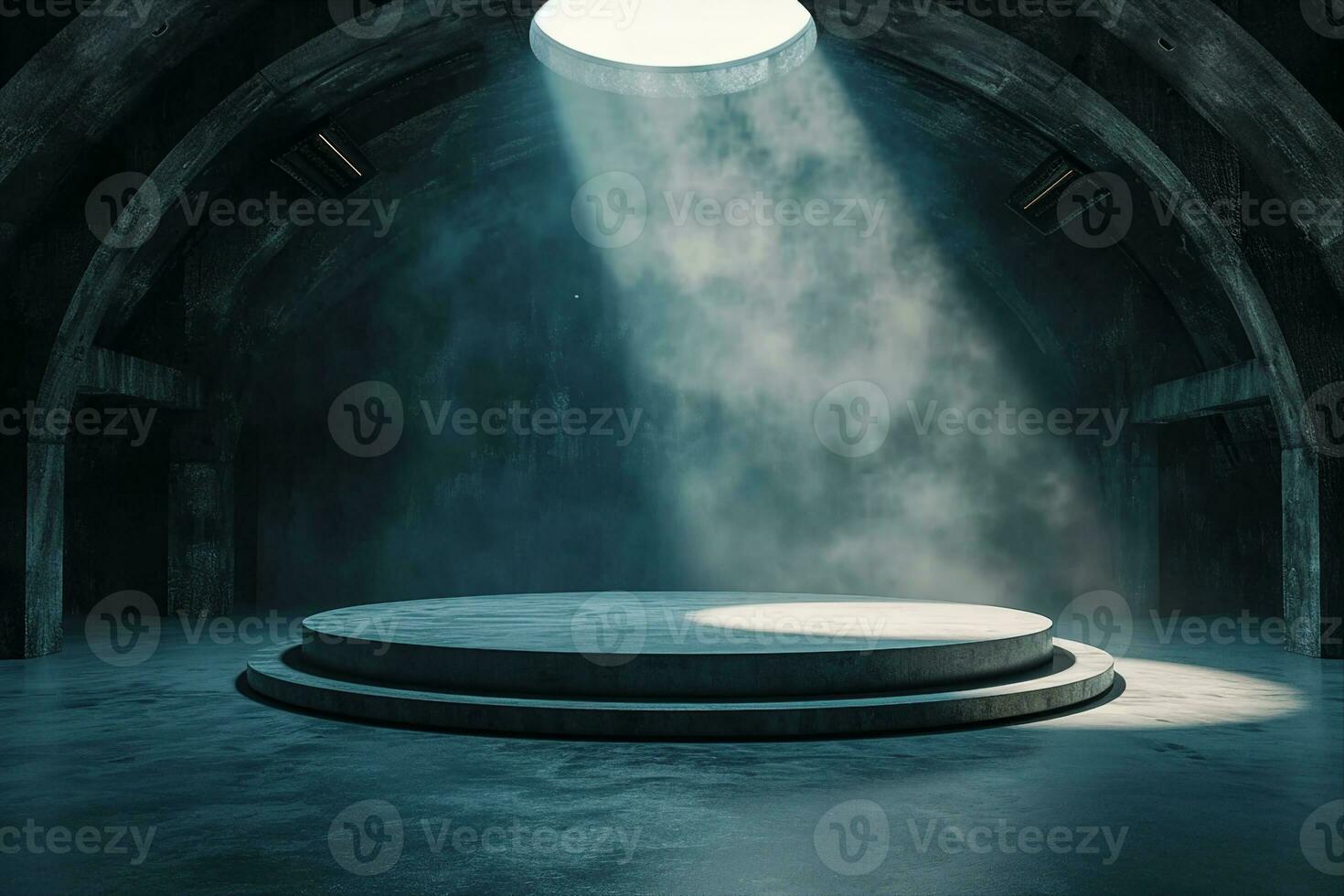 AI generated Perspective view dark smokey garage interior with spotlight and round pedestal on concrete floor, product presentation background and empty stage concept. 3D Rendering, mockup. photo