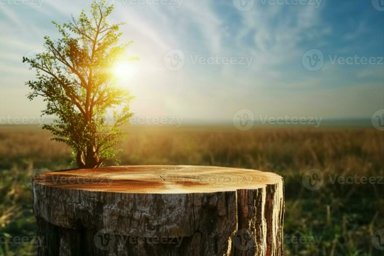 AI generated Wood Podium for products on natural background with sunlight. generative ai. photo