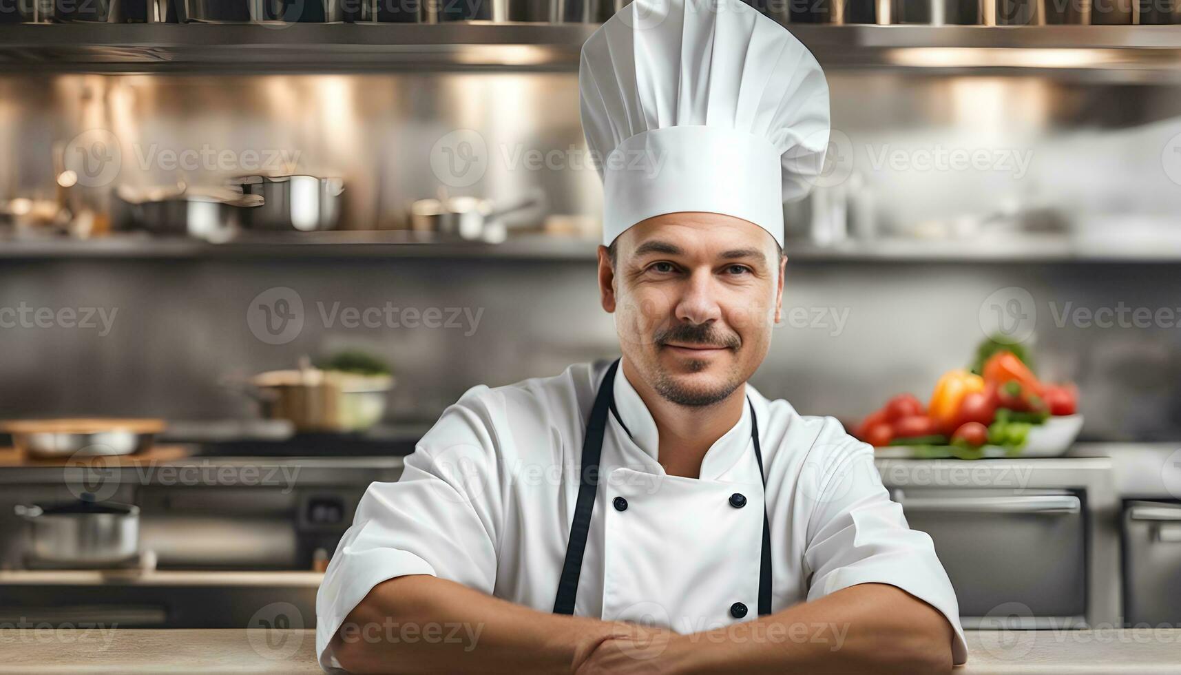 AI generated a man in a chef hat is sitting at a table photo