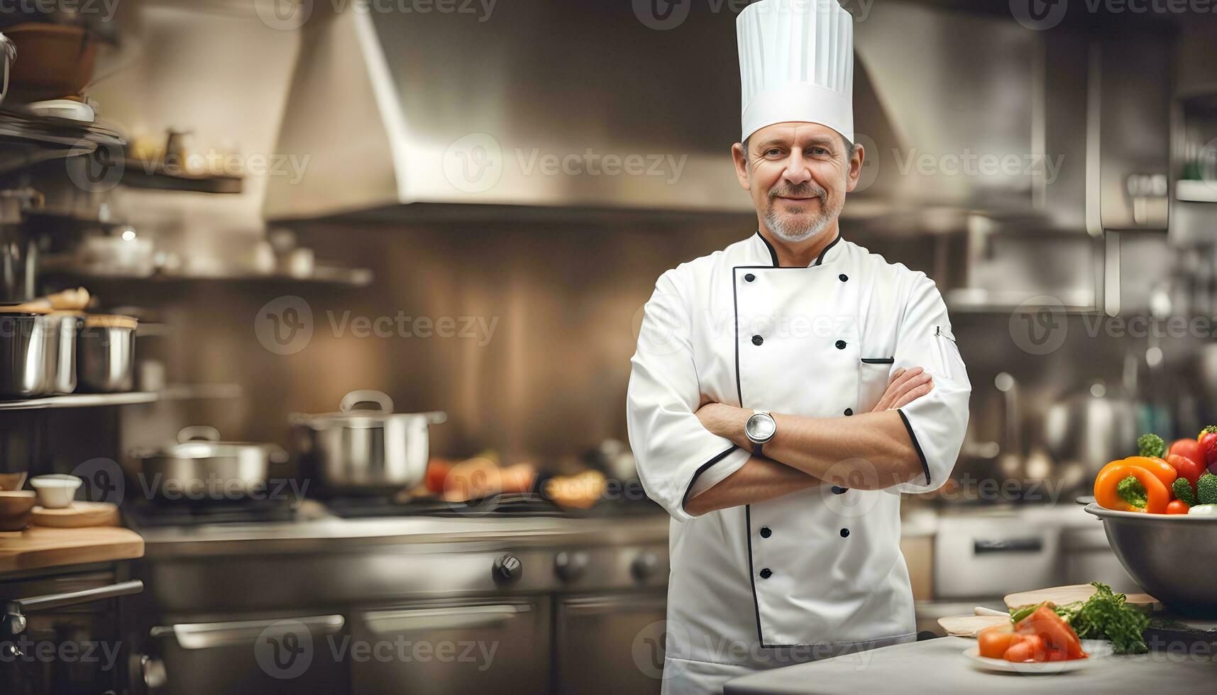 AI generated a man in a chef hat standing in a kitchen photo