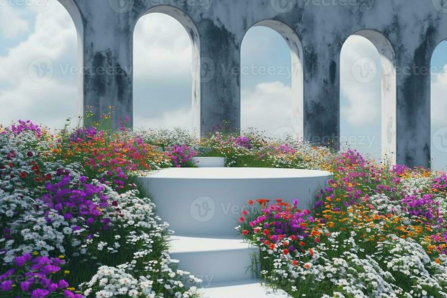 AI generated Abstact 3d render spring scene and Natural podium background, White stone podium on the colorful flowers and grass field backdrop three arch doors for product display advertising. photo