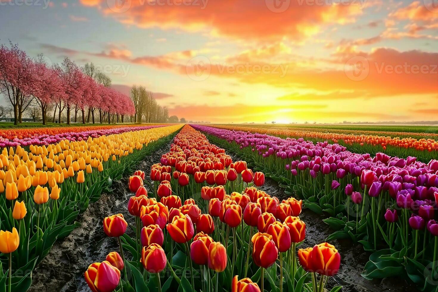 AI generated Incredibly beautiful spring landscape with rows of tulips in the holland at sunrise. generative ai. photo