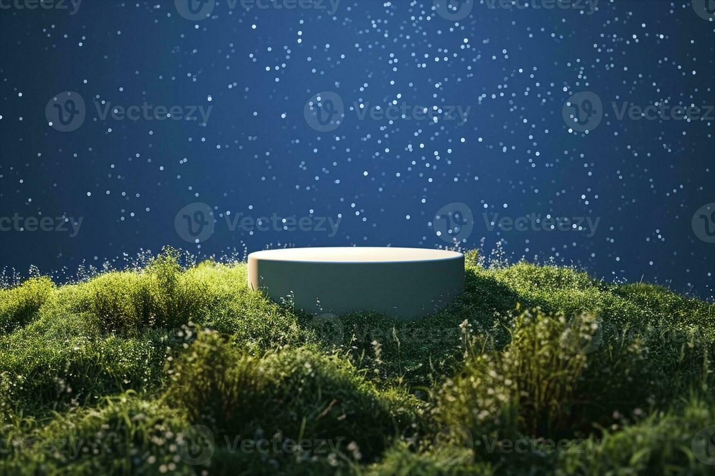 AI generated Abstact 3d render Natural background, Stone podium on the grass field, backdrop the stars that shine in the night sky for product display, advertising, cosmetic or etc. generative ai. photo