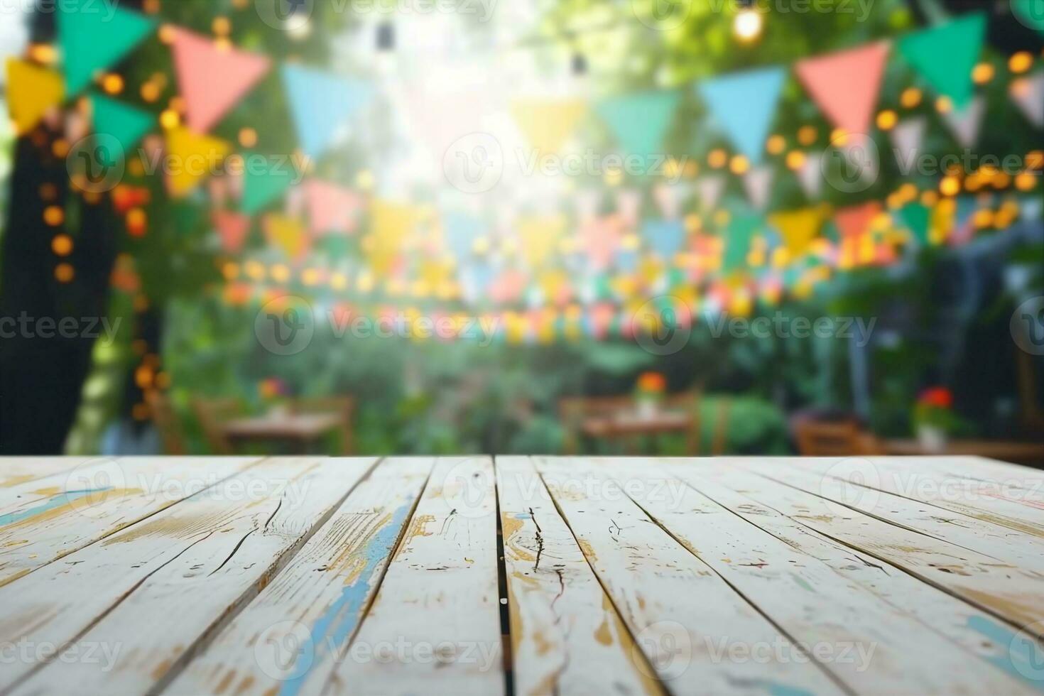 AI generated Empty wooden table with party in garden background blurred. generative ai. photo