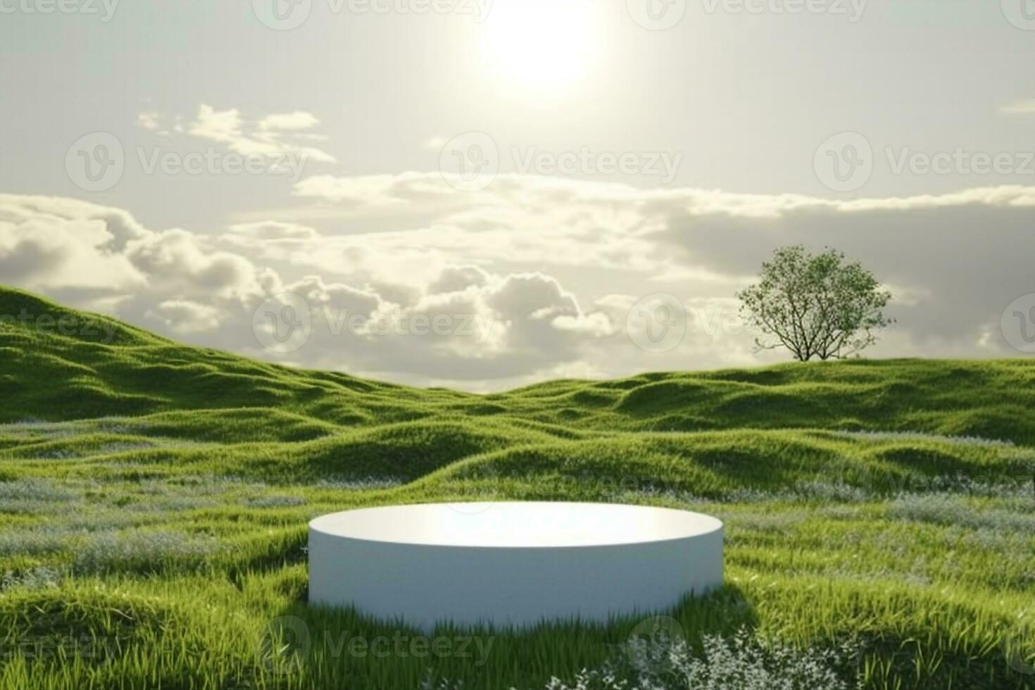 AI generated Abstract 3d render platform natural background, White podium on the grass field backdrop cloud and sky for product stand display advertising, cosmetic or etc. generative ai. photo