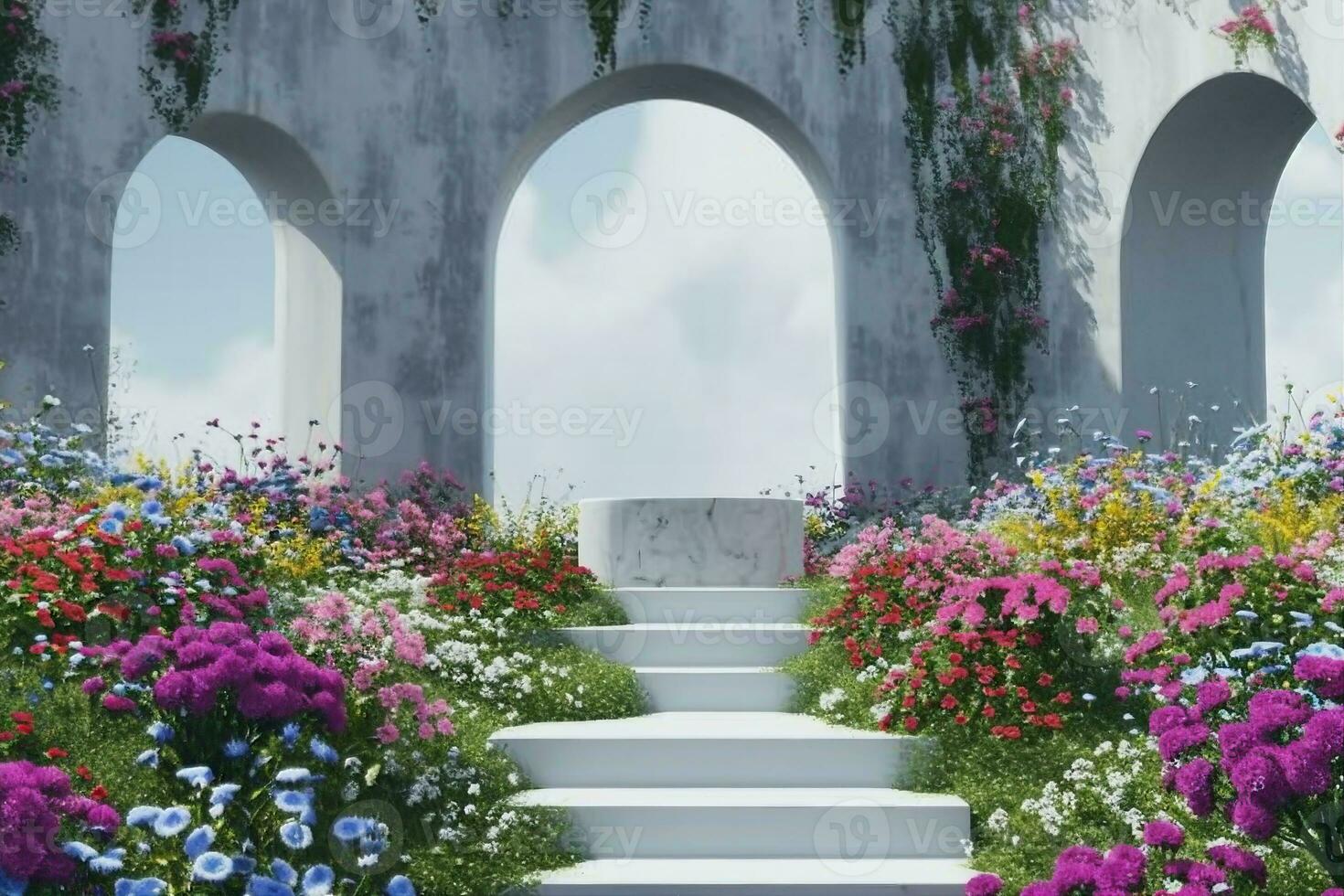 AI generated Abstact 3d render spring scene and Natural podium background, White stone podium on the colorful flowers and grass field backdrop three arch doors for product display advertising. photo