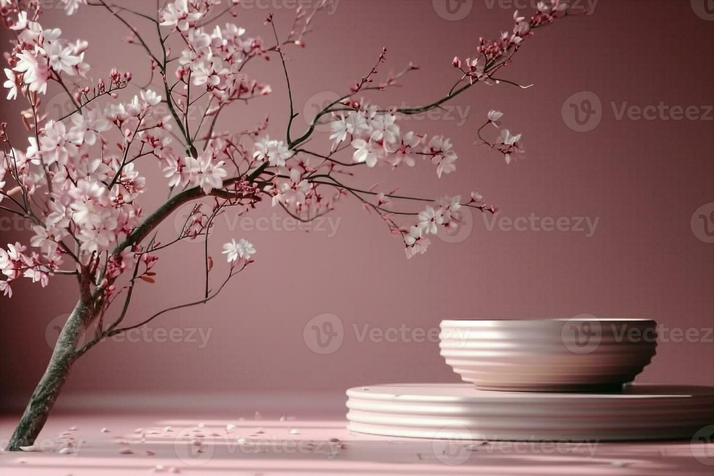 AI generated Minimal luxury podium in pink wall background with spring flowers. Concept display scene stage platform showcase, product, sale, banner, presentation, cosmetic. 3D render, social media. photo