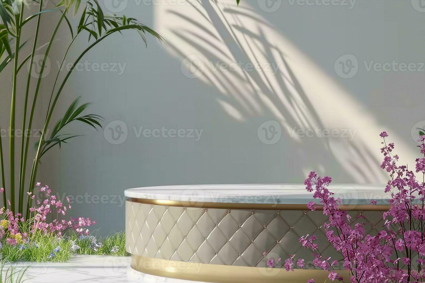 AI generated Abstact 3d render spring scene and Natural podium background, White stone podium on the colorful flowers and grass field backdrop three arch doors for product display. generative ai. photo