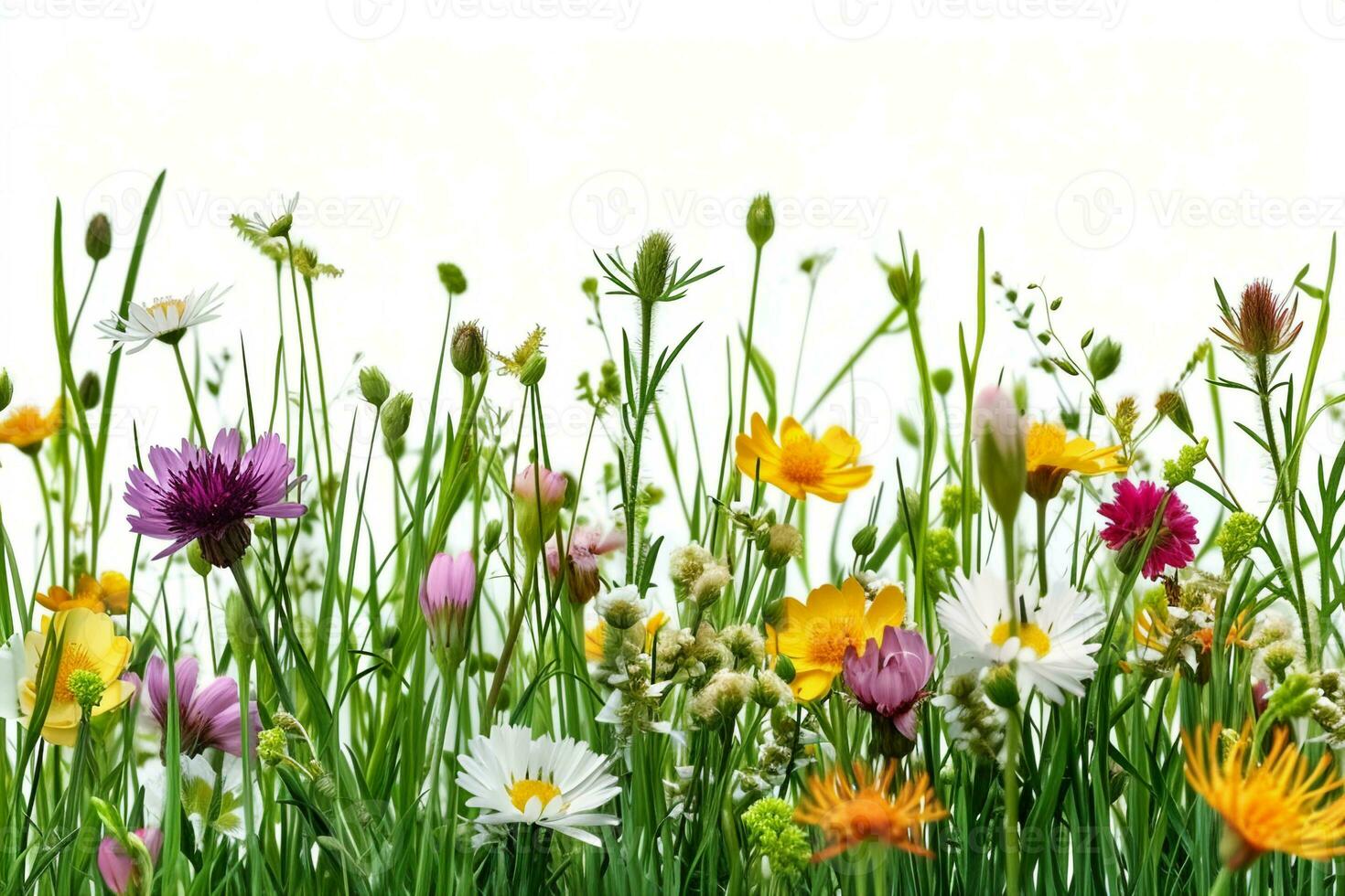 AI generated Grass and wild flowers border on white background. generative ai. photo