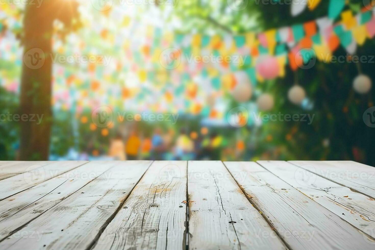 AI generated Empty wooden table with party in garden background blurred. generative ai. photo