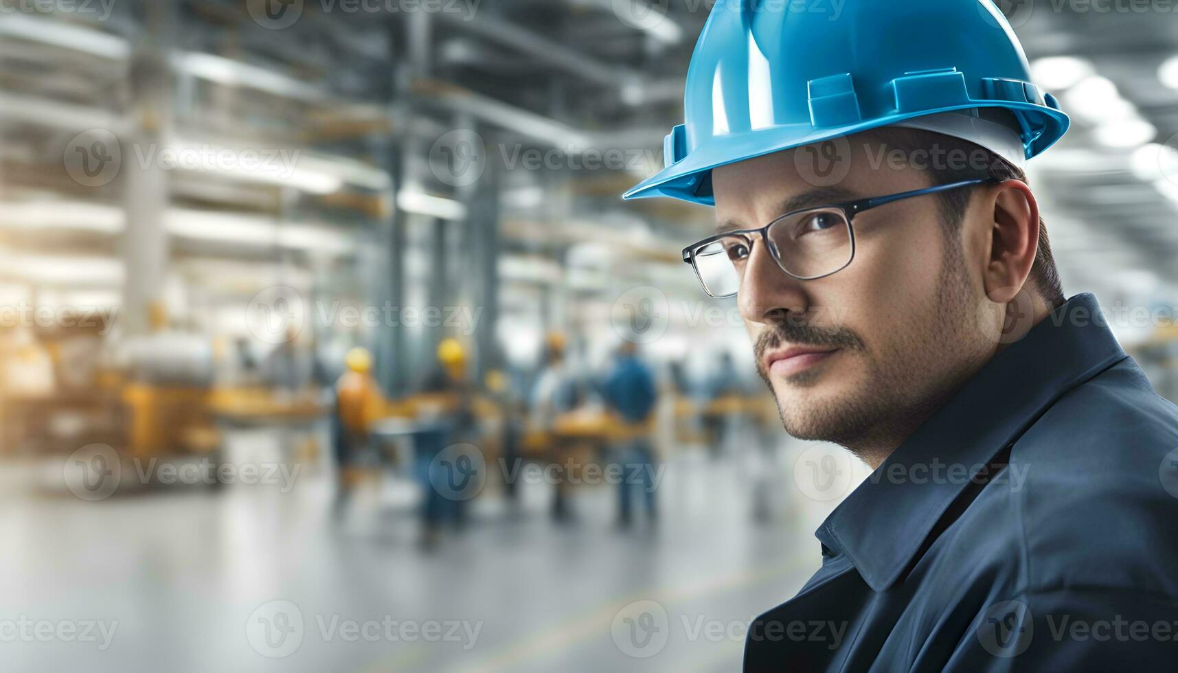 AI generated a man in a hard hat and glasses in an industrial factory photo