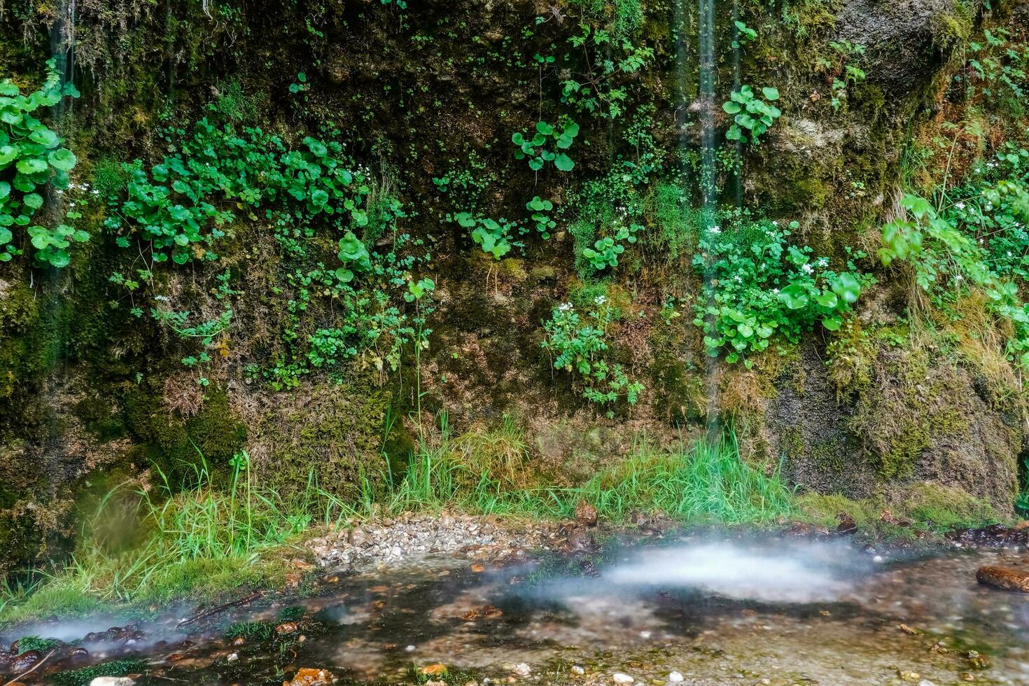 white atomized water from dripping water through overhanging conglomerate named rinnende mauer in a canyon photo