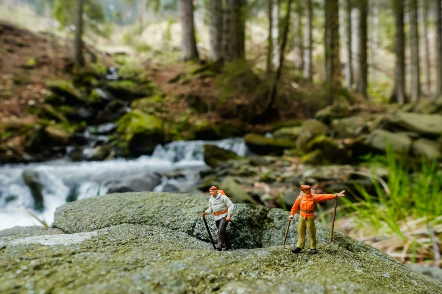 miniature figures on a rock with a brook in the nature photo