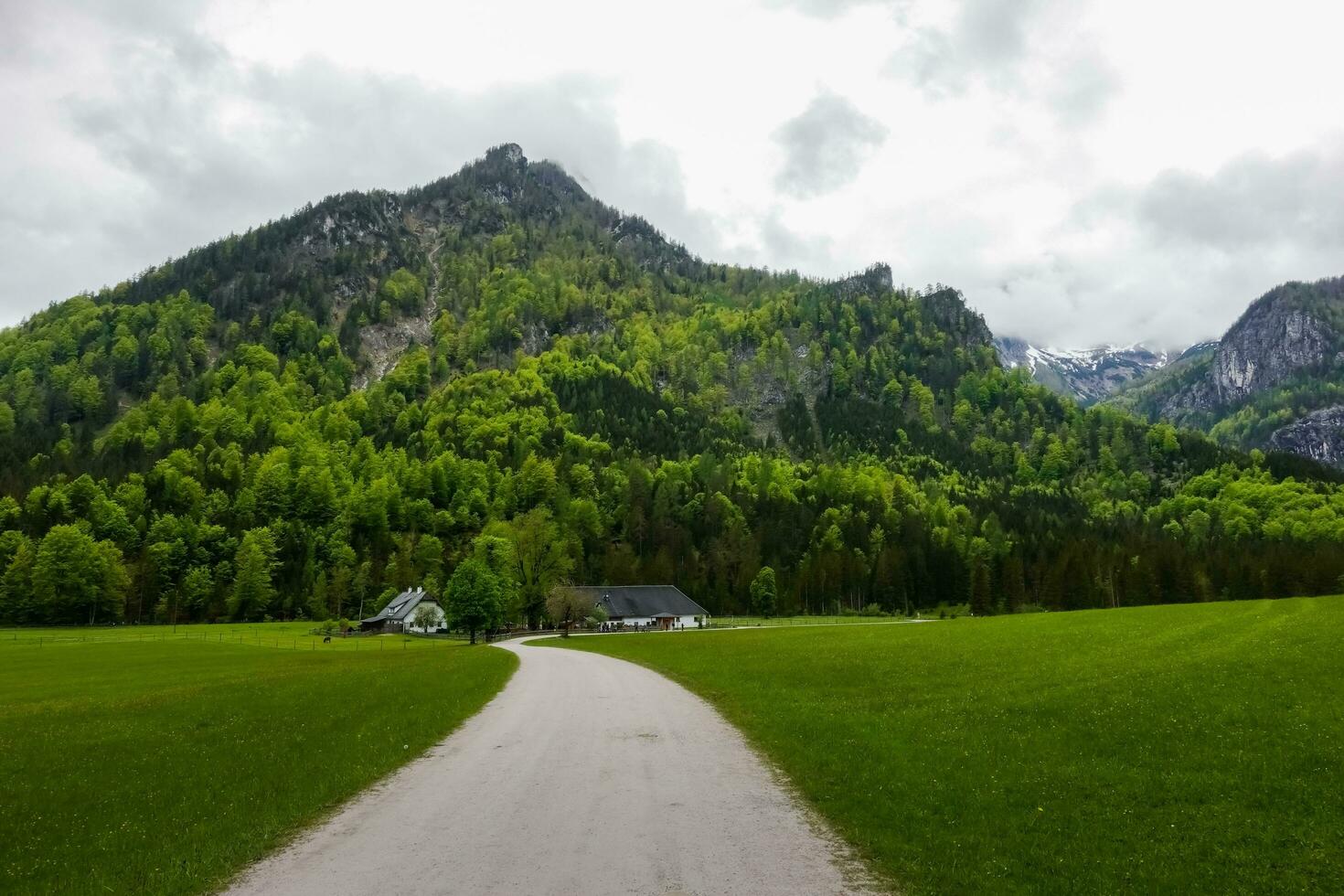 suciedad la carretera mediante un verde prado t un casa y un montaña con arboles y nubes foto