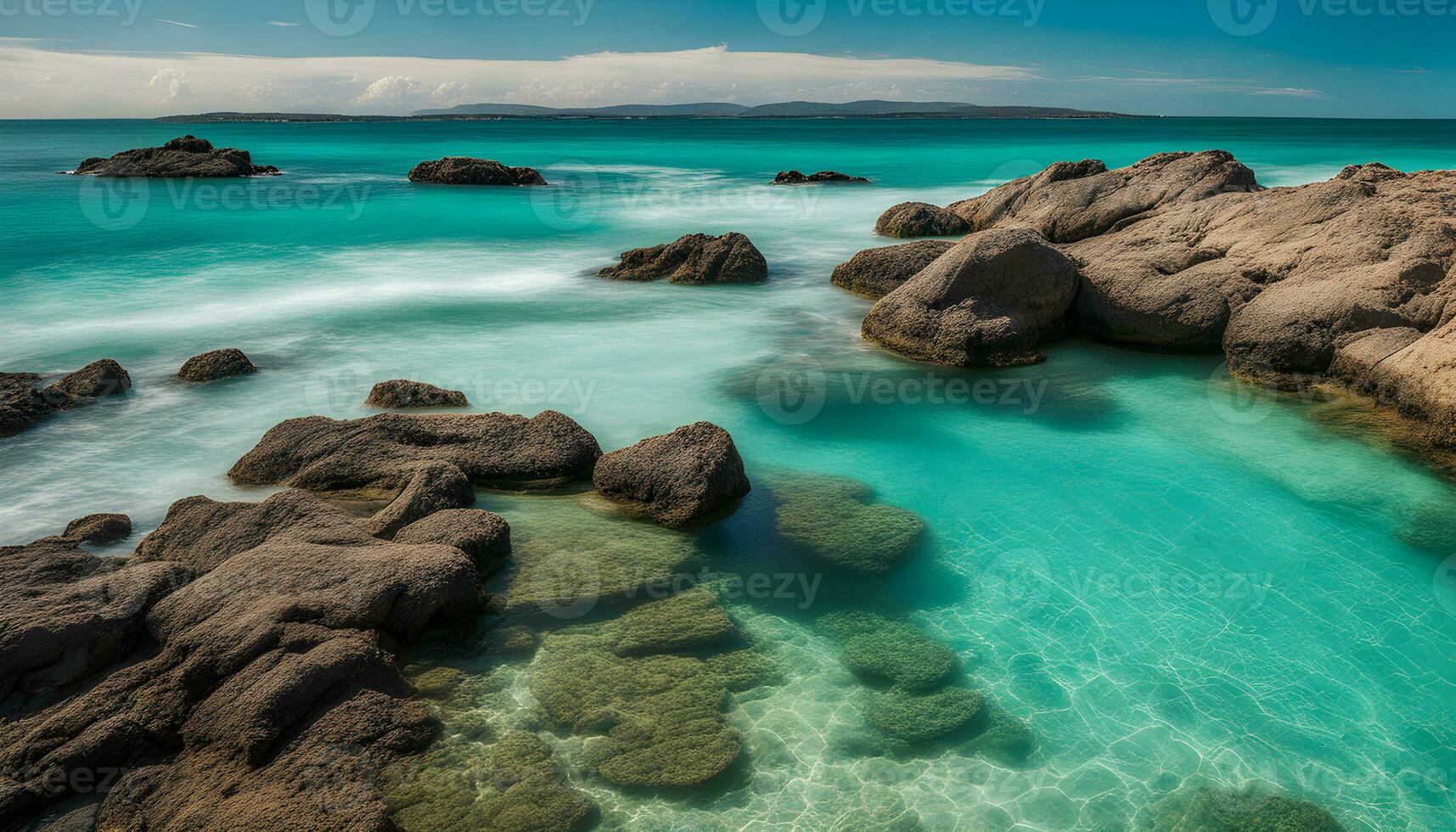 ai generado un rocoso orilla con claro agua y rocas foto