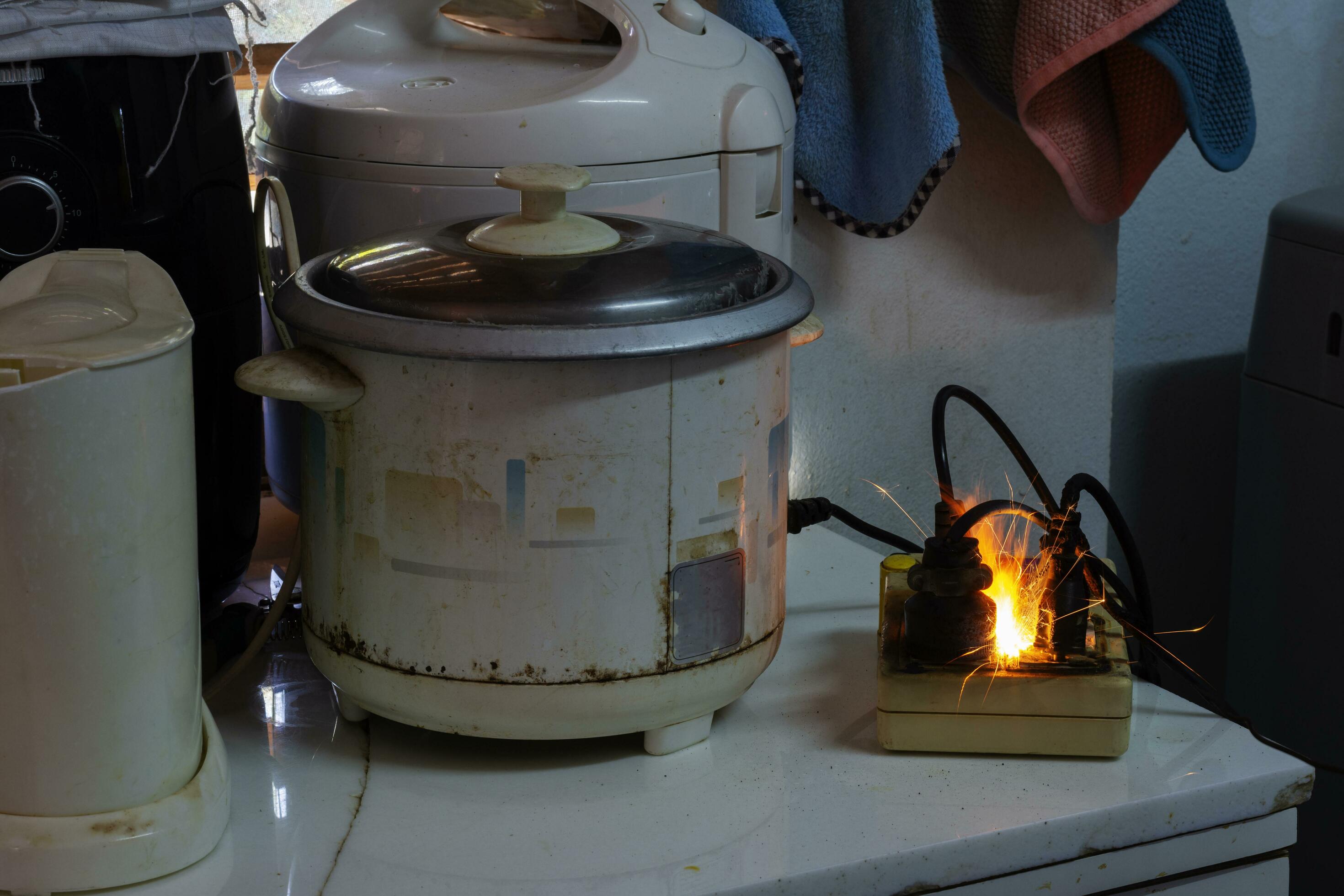 Electric short, plug, rice cooker Therefore causing sparks Dangerous