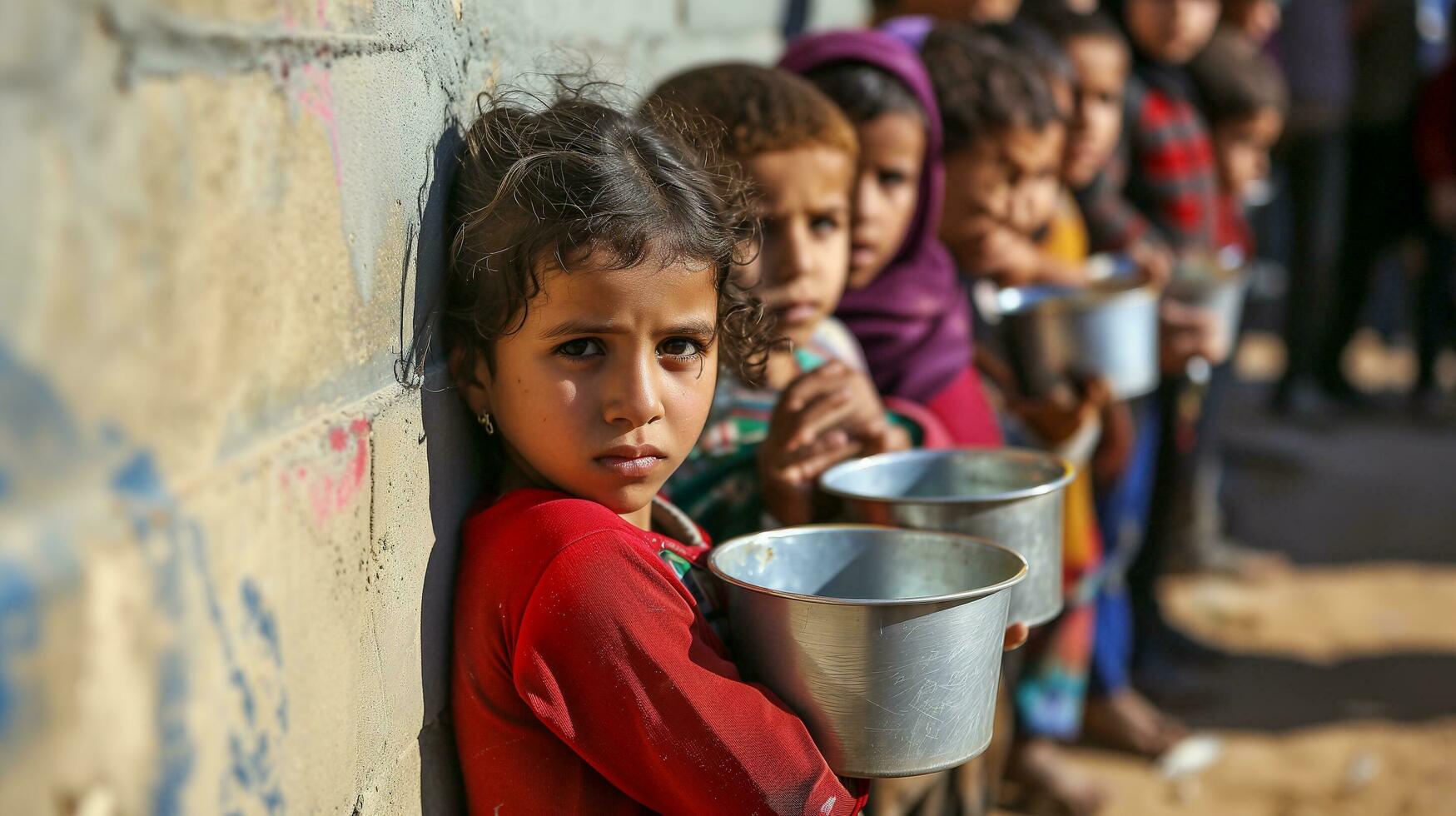 ai generado pobre niños en pie en línea participación vacío ollas foto