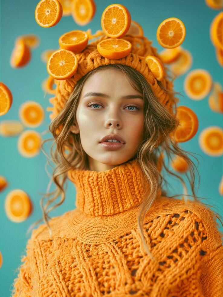 AI generated free photo of a female model wearing orange sweater with ornage slices flying around