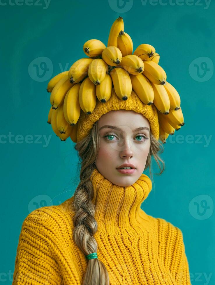 ai generado Pro foto de un mujer vistiendo amarillo suéter y un sombrero cubierto con plátanos