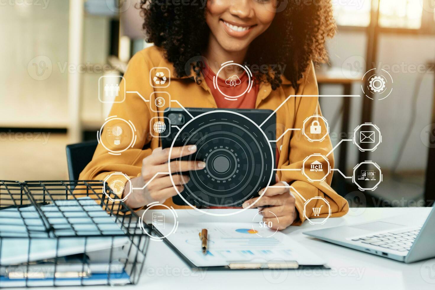 Digital marketing, Business using Digital tablet finance and sale data growth on interface icons, Banking, Finance, Business Strategy in office photo