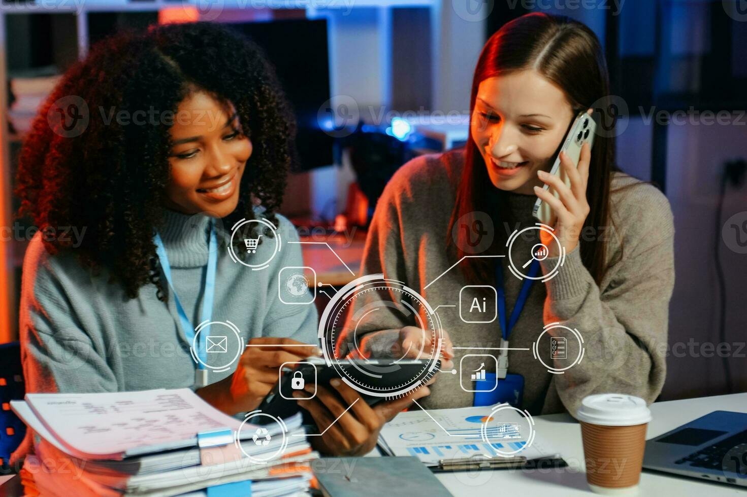Working team meeting concept, business using laptop and digital tablet with marketing  virtual icon photo
