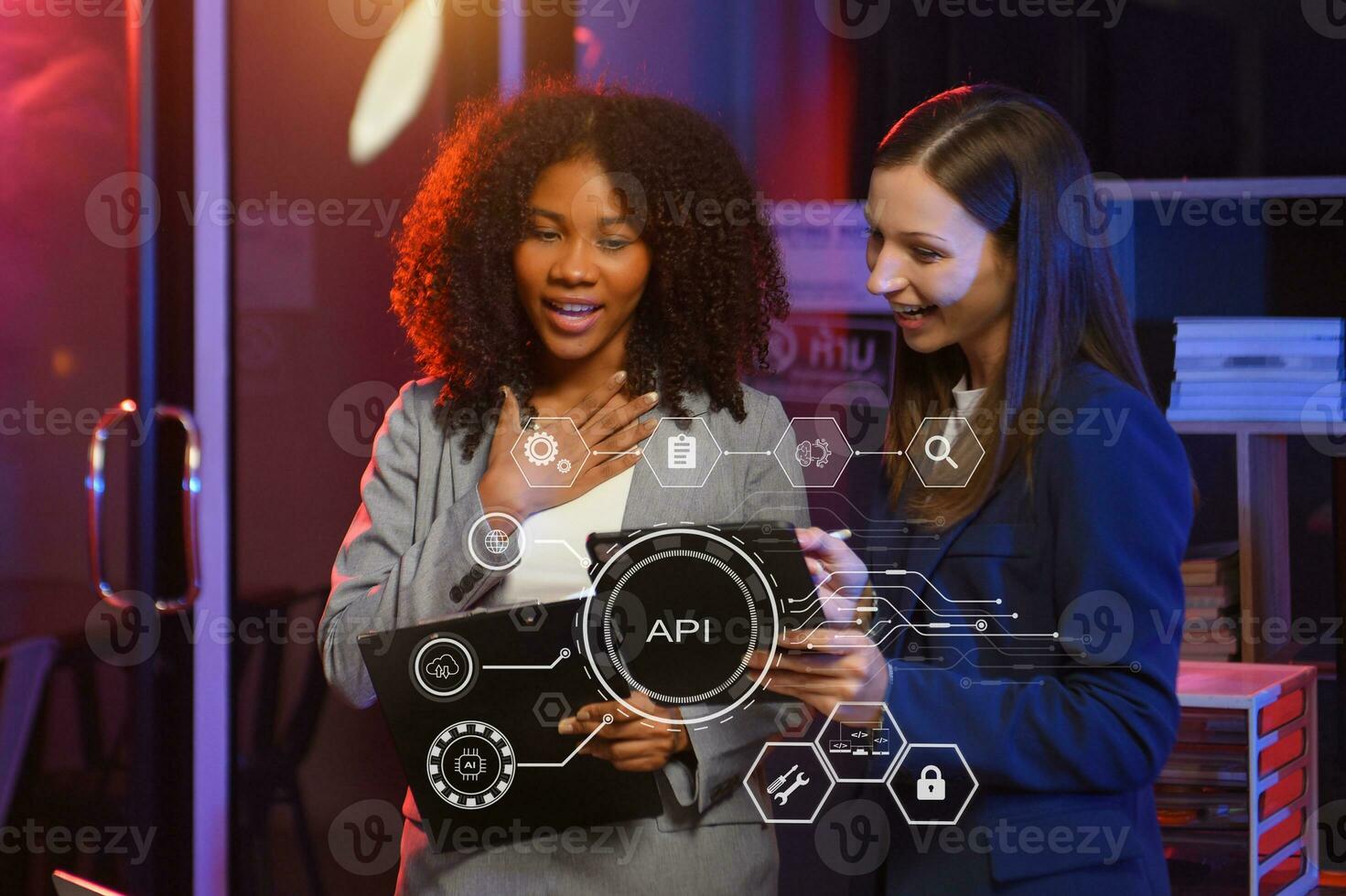 API Application Programming Interface, woman using laptop, tablet and smartphone with virtual screen API icon Software development tool, modern technology photo