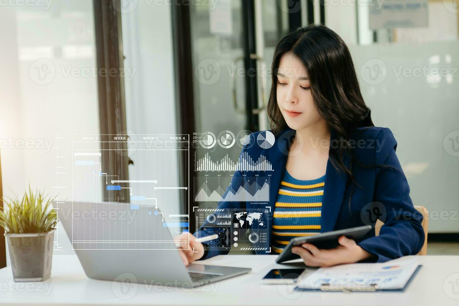 Businesswoman hand Project manager working and update tasks and Gantt chart scheduling virtual diagram. photo