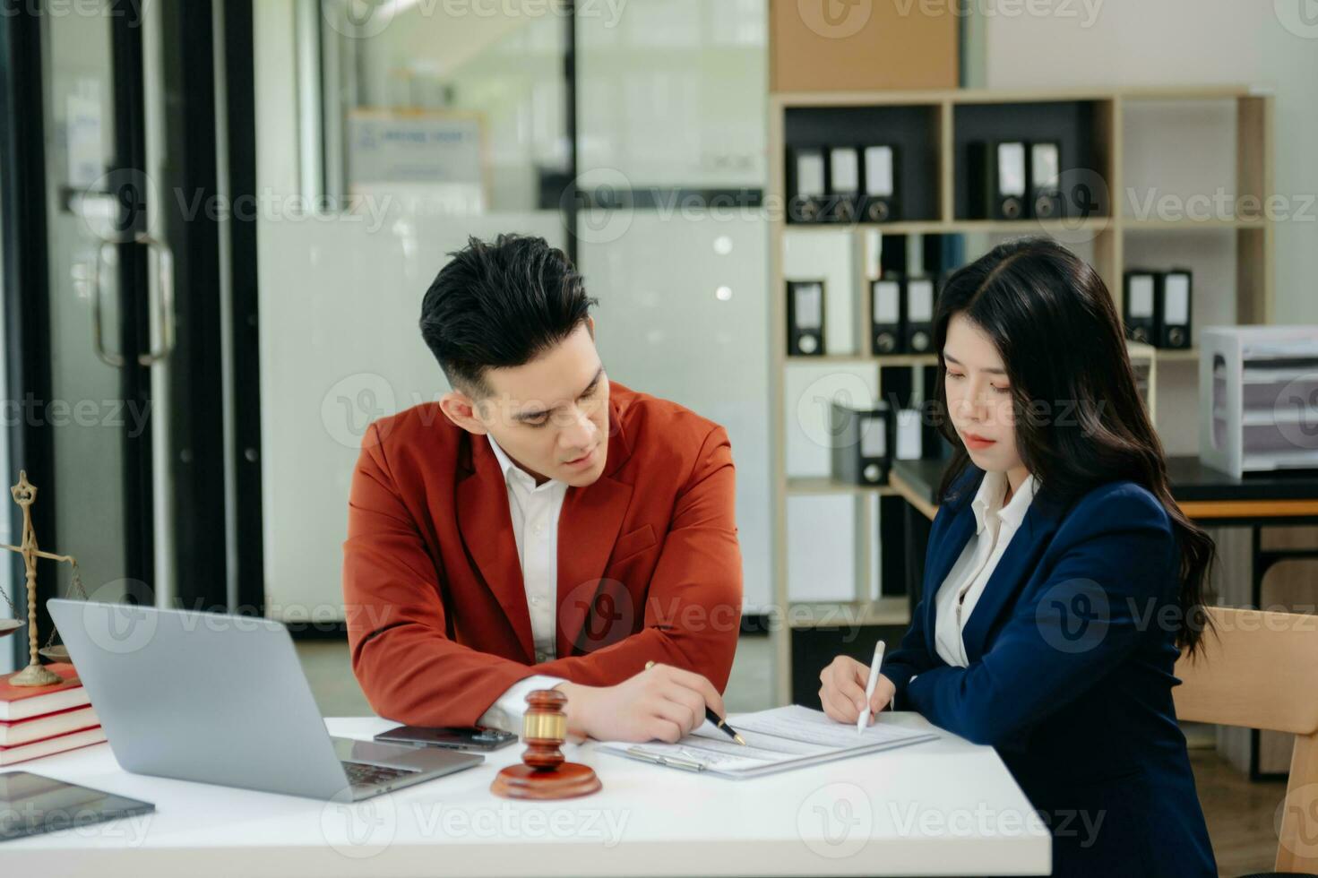 Business and Male lawyer or judge consult having team meeting with client, Law and Legal services concept.Customer service good cooperation photo