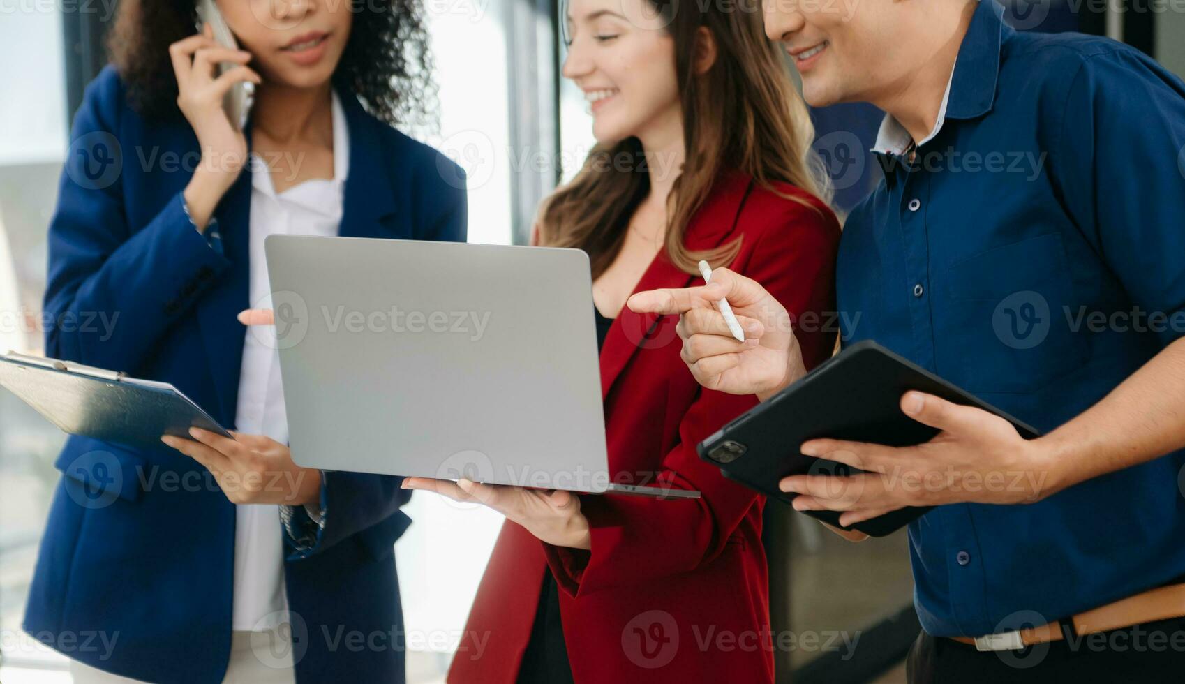 Business team collaboration discussing working analyzing with financial data and marketing growth report graph photo
